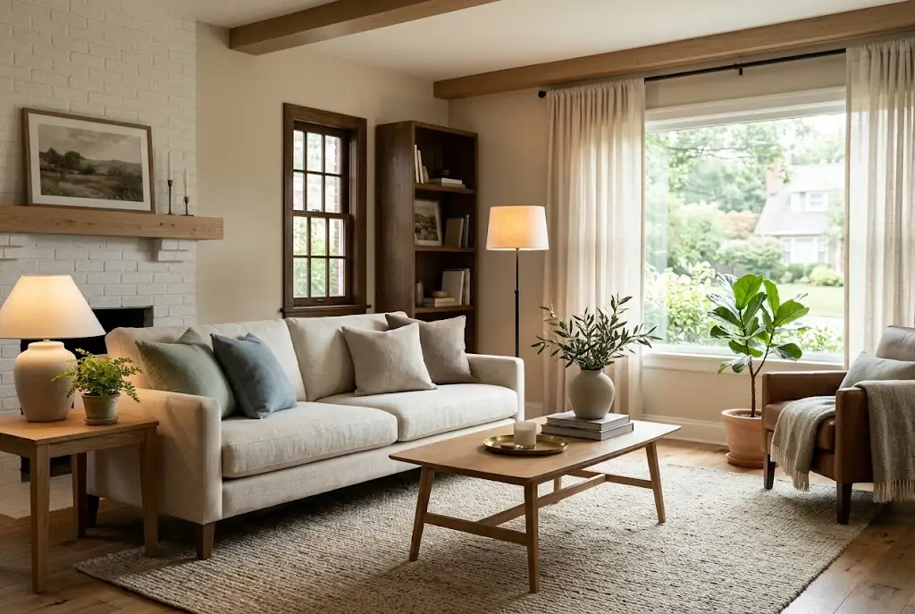 Cozy living room with beige, sage, blue, natural wood, and warm layered lighting