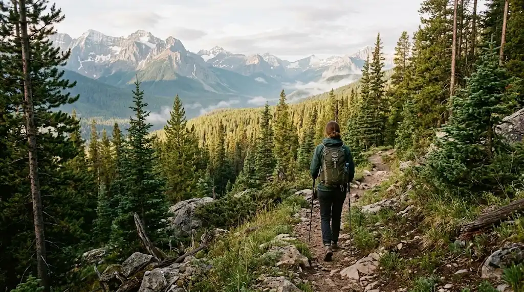 Hiker walking through a wilderness trail with forested mountains in the distance