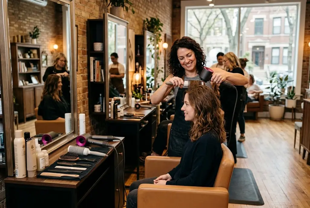 Hairstylist working with a client inside a professional Chicago beauty salon