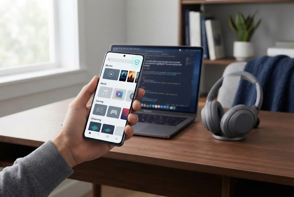 Smartphone showing a generic entertainment app with digital security elements