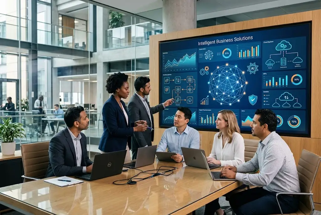 Business professionals using digital analytics and connected technology solutions