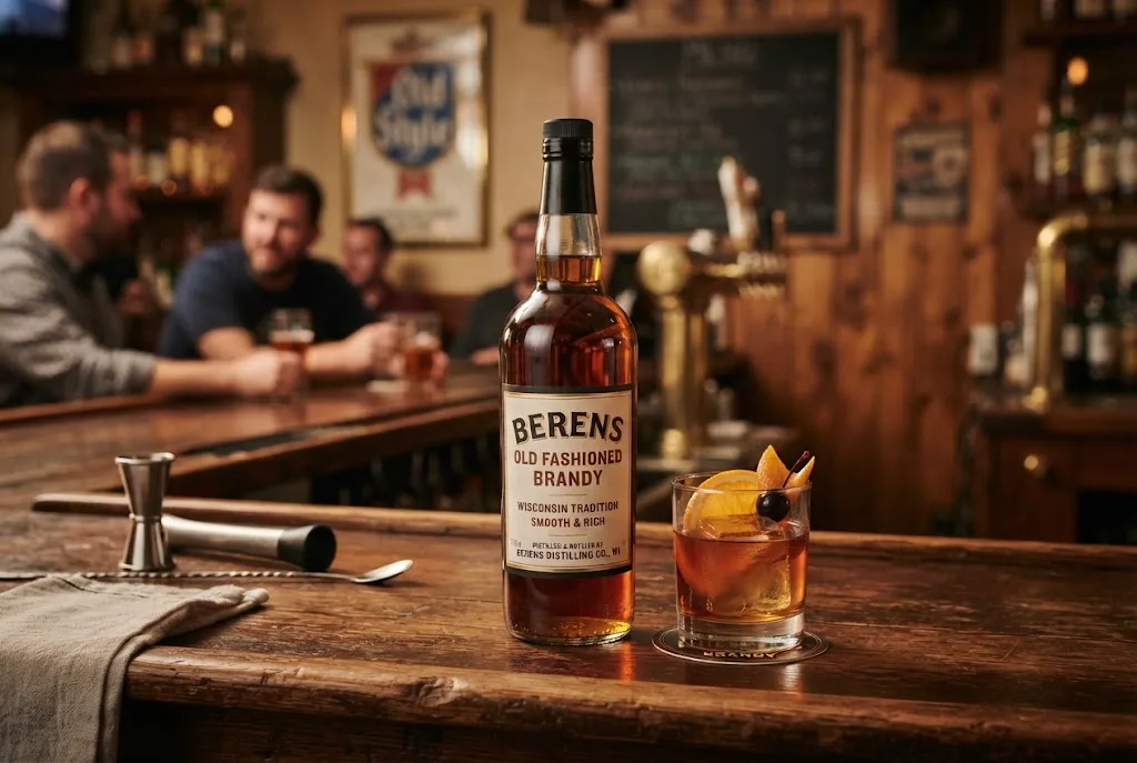 Berens Old Fashioned Brandy bottle beside a Wisconsin-style brandy cocktail