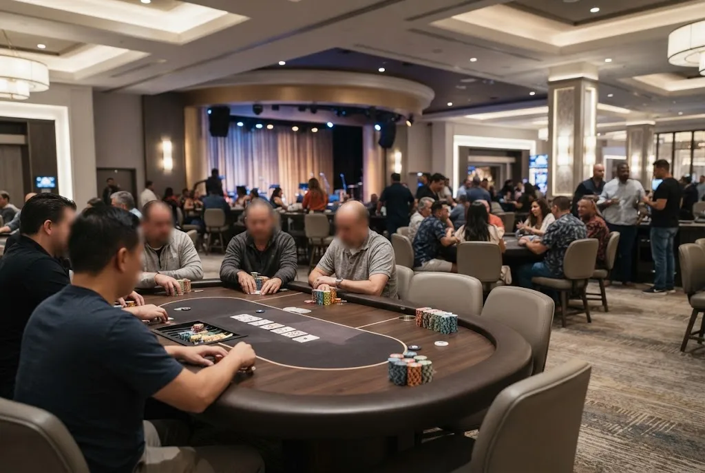 Poker table and entertainment setting inside a modern casino representing upcoming Bicycle Casino events