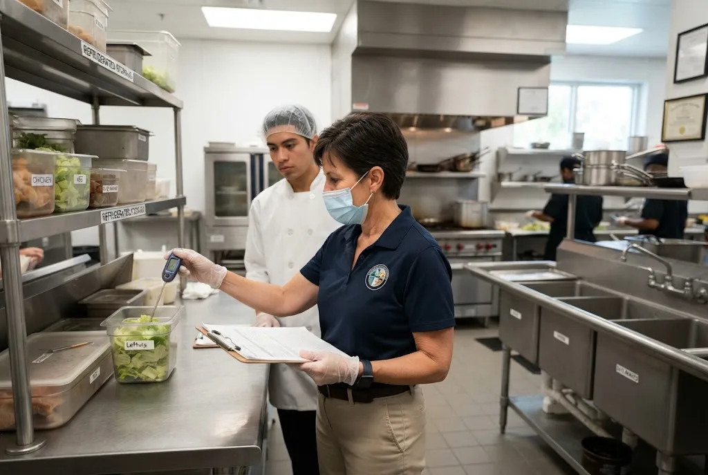 Food safety inspector checking conditions in a commercial restaurant kitchen