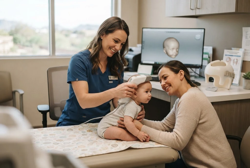 Infant receiving a cranial head-shape evaluation using digital imaging at a pediatric orthotic clinic in Mesa