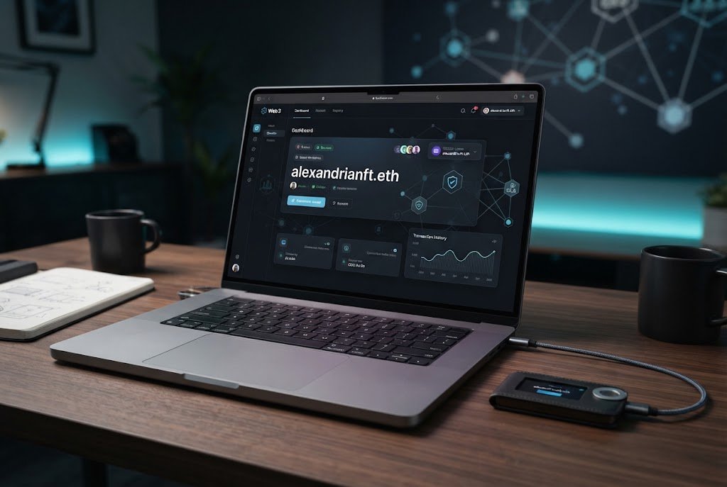 Laptop displaying a blockchain domain interface beside a digital wallet concept in a modern technology workspace