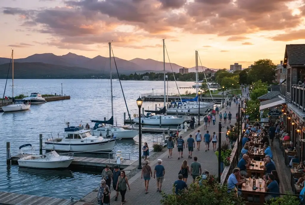 Dockside entertainment with boats and waterfront activities on Lake Champlain in Burlington Vermont