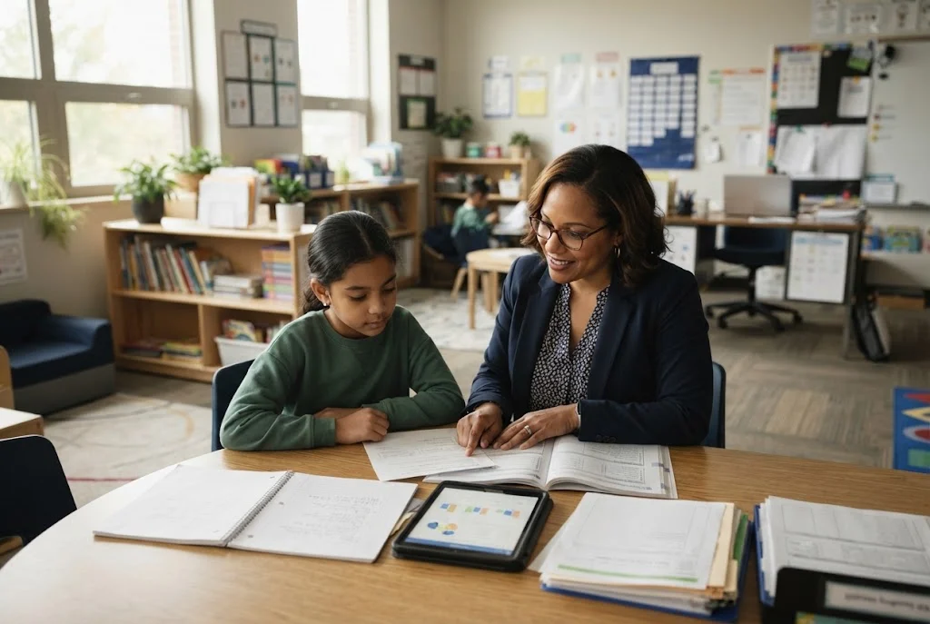 Education diagnostician reviewing student assessment information in a classroom
