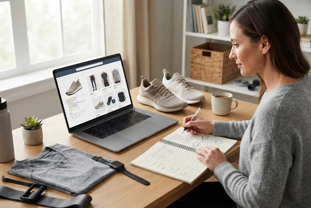 Shopper comparing sports clothing and fitness equipment on an online store