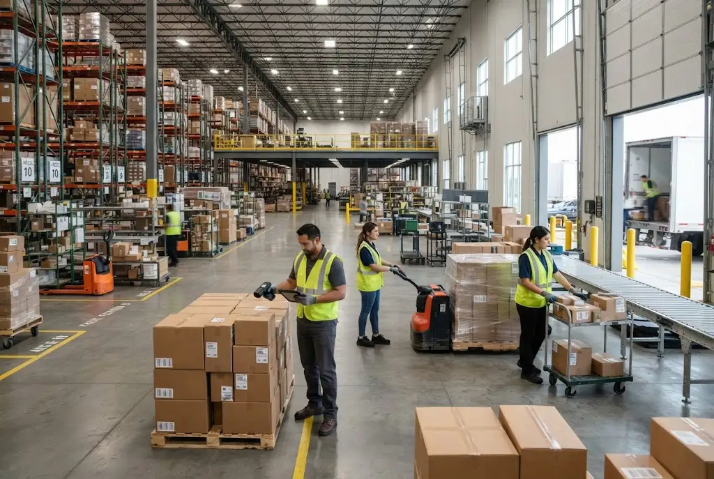 Warehouse workers organizing inventory and outbound shipments in a modern logistics fulfillment facility