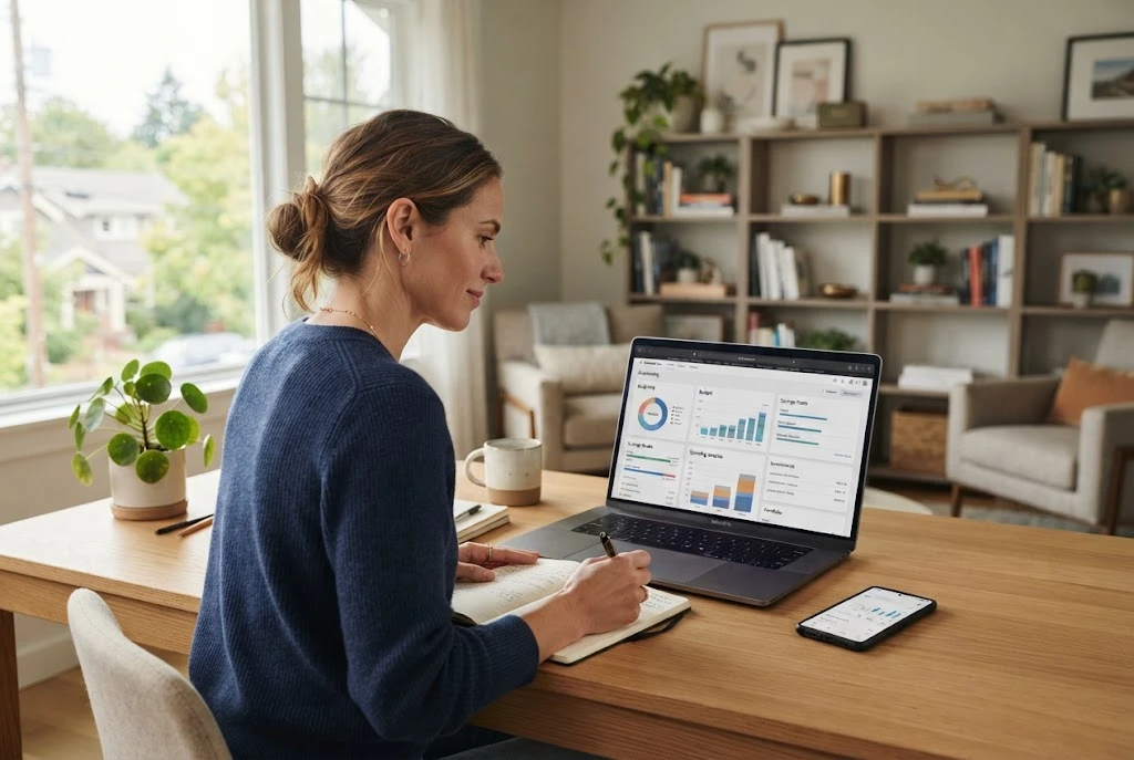 Professional reviewing a digital financial management dashboard for lifestyle planning