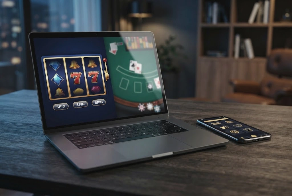 Laptop and smartphone displaying generic online casino gaming interfaces
