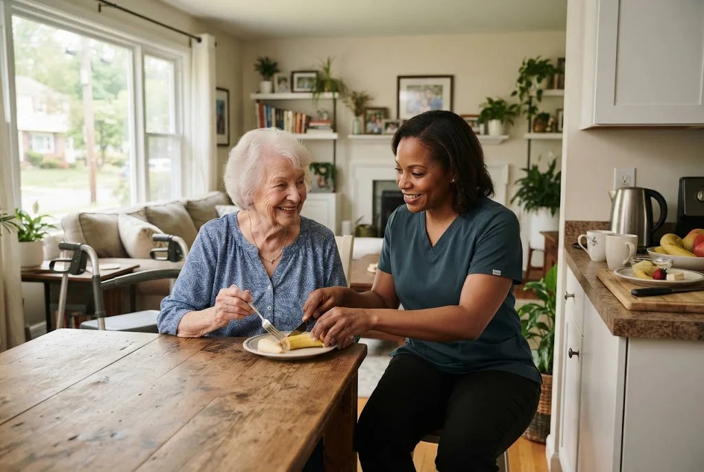 Professional caregiver assisting an older adult at home in Ambler
