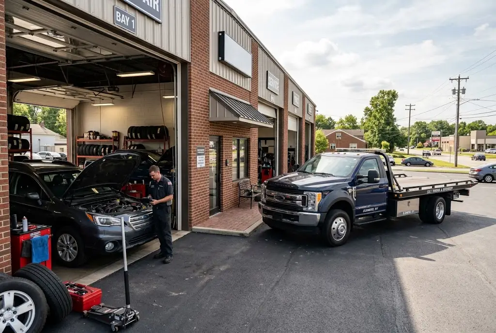 Tow truck and mechanic outside a professional auto repair shop in Kentucky