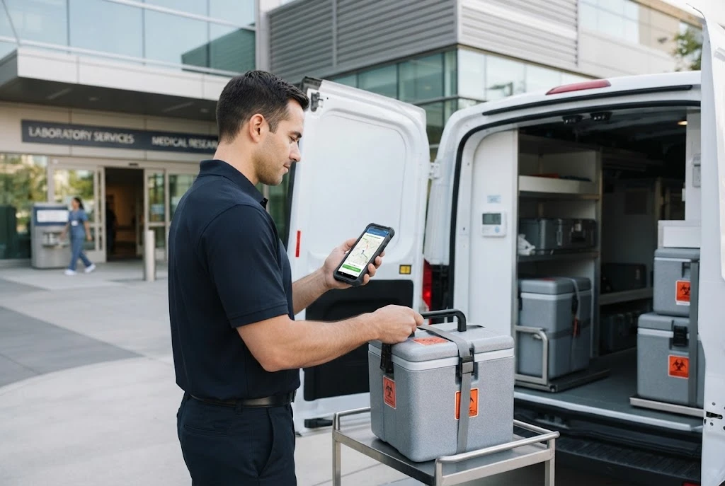 Medical logistics driver using a mobile app to manage laboratory specimen transportation