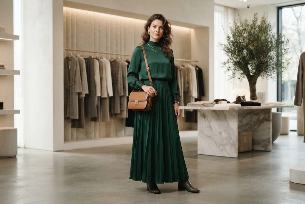 Elegant woman wearing a contemporary Marie Fashion-inspired outfit