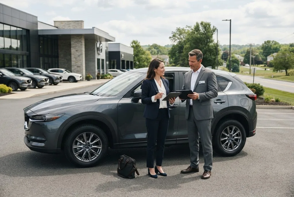 Mazda financing in Pottstown with buyer reviewing auto loan options