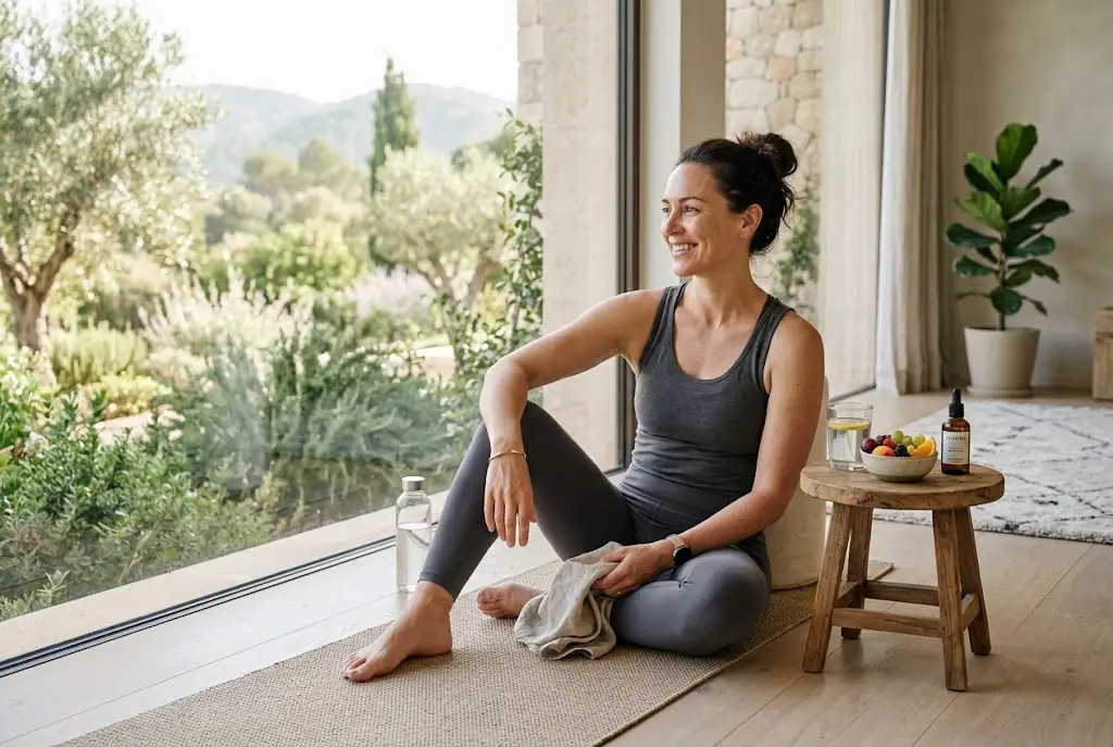 Woman practicing gentle yoga beside skincare and healthy fruit in a bright wellness setting