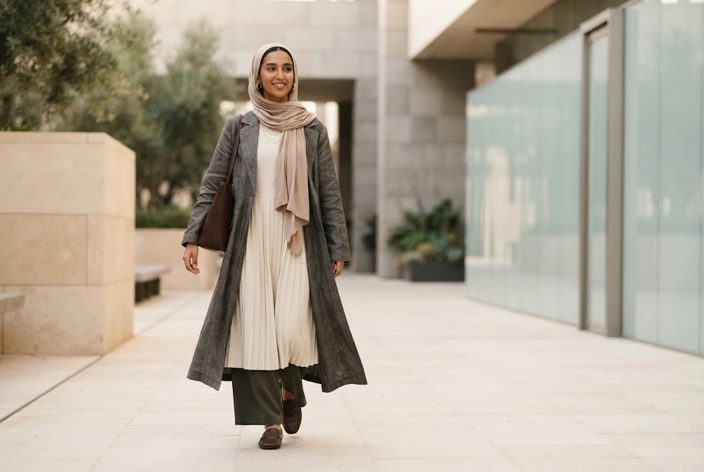 Muslim model wearing a contemporary modest outfit inspired by traditional fashion