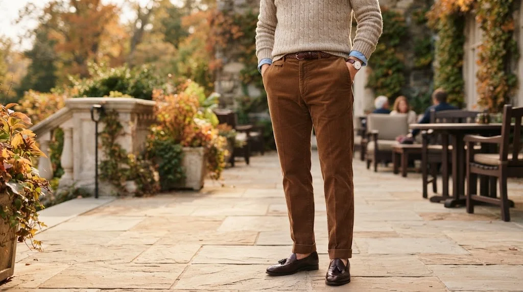 Man wearing classic-fit corduroy pants with a sweater and leather loafers