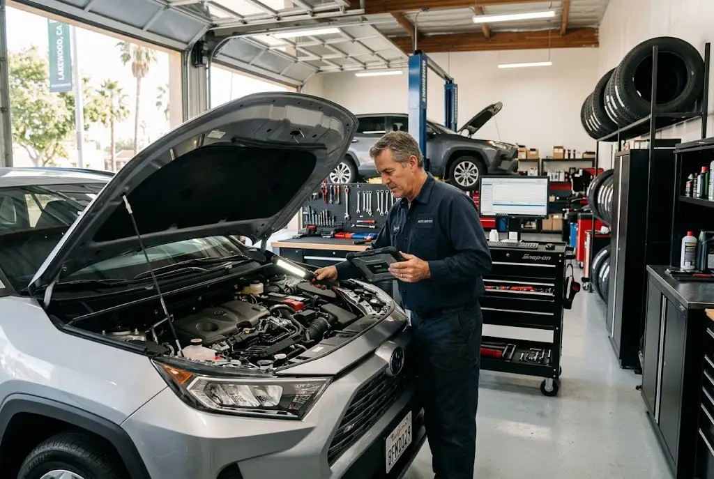 Automotive technician inspecting a vehicle inside a professional repair shop