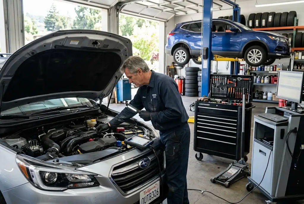Automotive technician inspecting a vehicle inside a professional repair shop