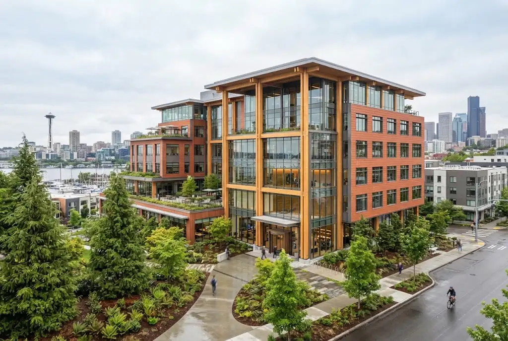 Modern sustainable commercial building in Seattle representing Pacific Northwest real estate