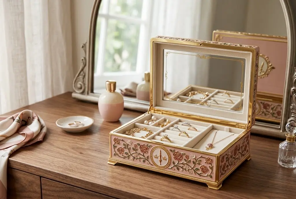 Open Sleeping Beauty jewelry box displaying organized rings, earrings, bracelets, and a necklace