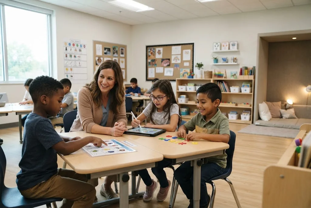 Teacher supporting students in an organized special education classroom with accessible learning stations and assistive technology