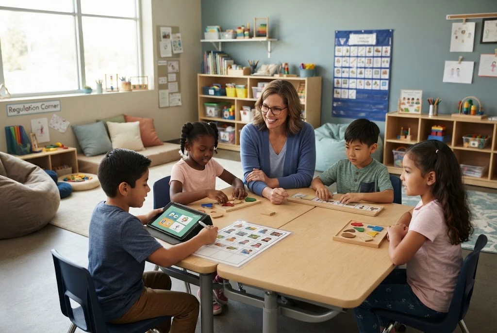 Teacher supporting students during an inclusive special education classroom lesson