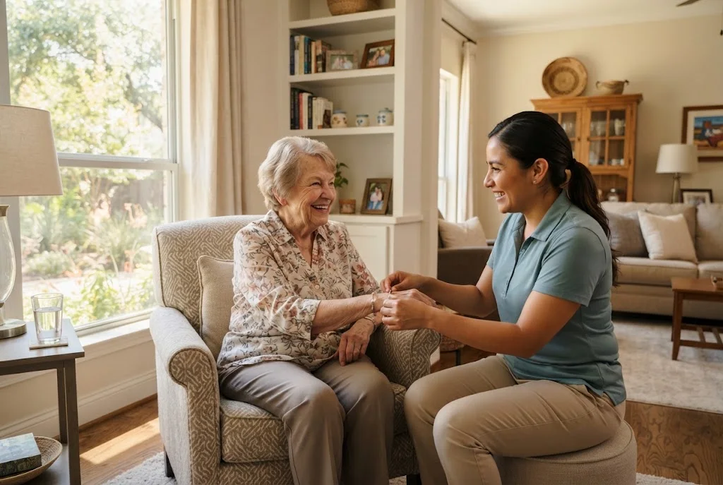 Caregiver providing respectful in-home support to an older adult