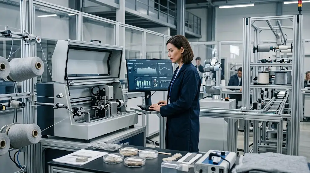 Uster Technologies AG textile testing equipment analyzing yarn quality in a modern laboratory