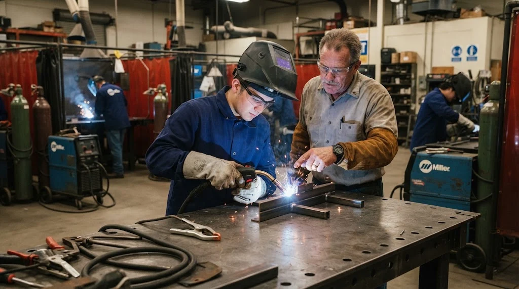 Welding student receiving hands-on training in a professional workshop