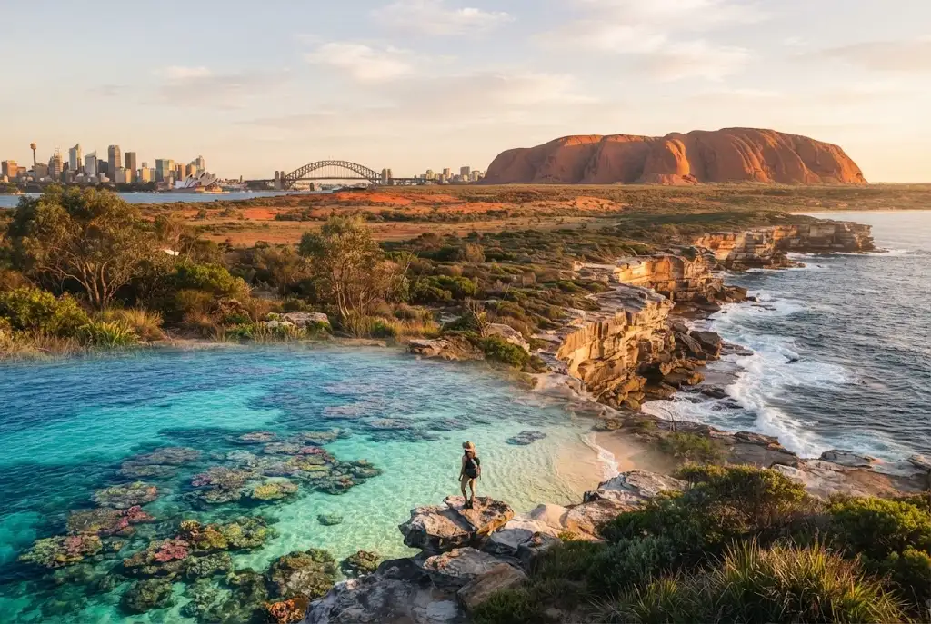 Diverse Australian landscapes featuring Sydney, tropical reef, desert and dramatic coastline