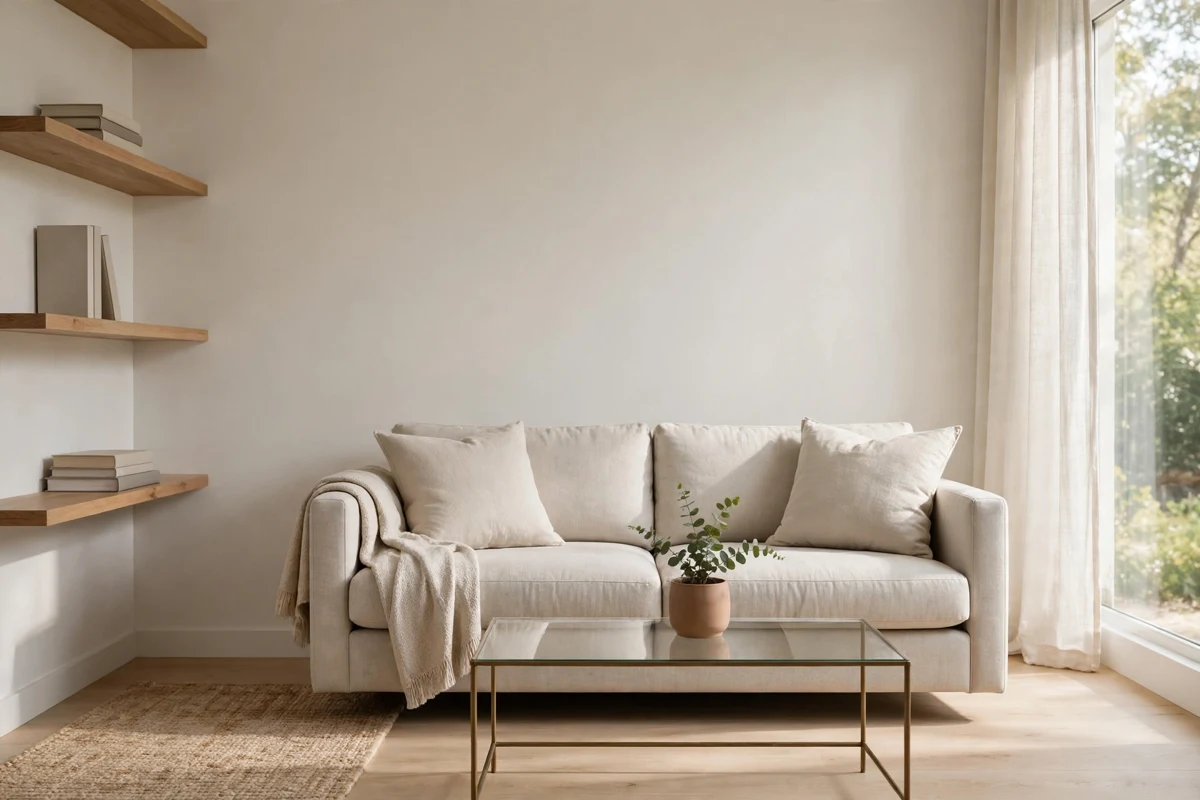 How to declutter your home room by room — a tidy minimalist living room with a sofa, clear table and small plant