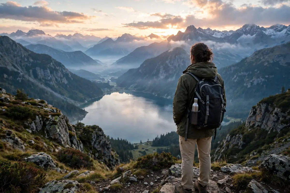 Solo travel tips for first-time travelers — a solo traveler with a backpack overlooking mountains and a lake at sunrise